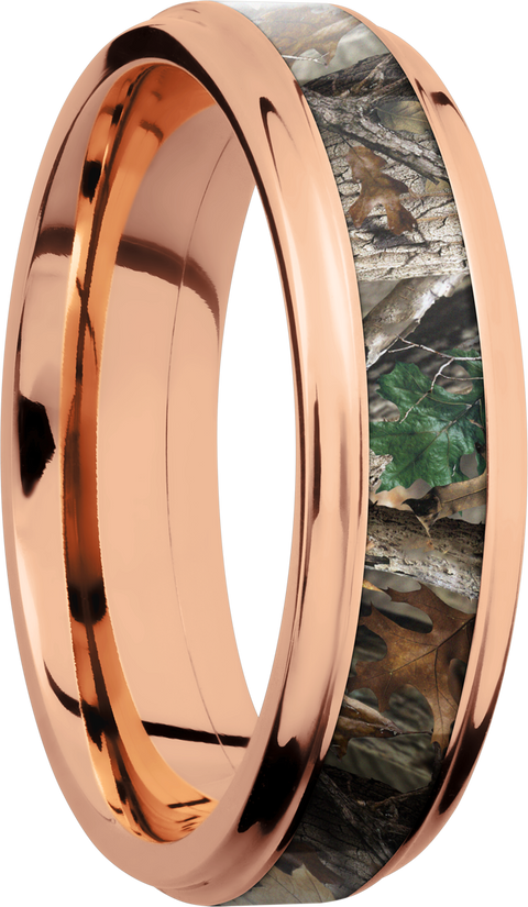 14K Rose Gold 6mm flat band with grooved edges and a 3mm inlay of Realtree Timber Camo
