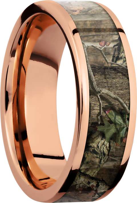 14K Rose Gold 7mm flat band with a 5mm inlay of Mossy Oak Break Up Infinity Camo