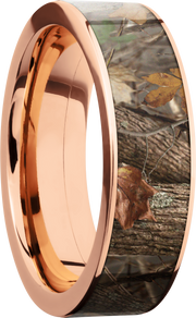 14K Rose Gold 7mm flat band with a 6mm inlay of Kings Woodland Camo