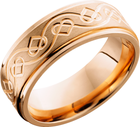14K Rose gold 8mm flat band with grooved edges and a laser-carved celtic heart pattern