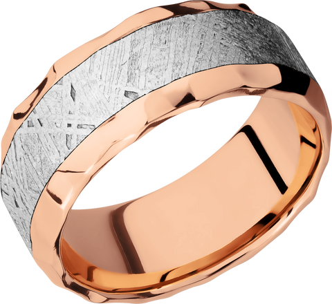 14K Rose gold 9mm beveled band with an inlay of authentic Gibeon Meteorite
