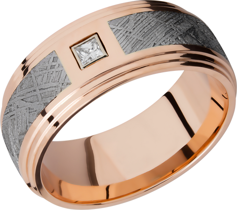 14K Rose gold 9mm flat band with an inlay of authentic Gibeon Meteorite and a white diamond accent