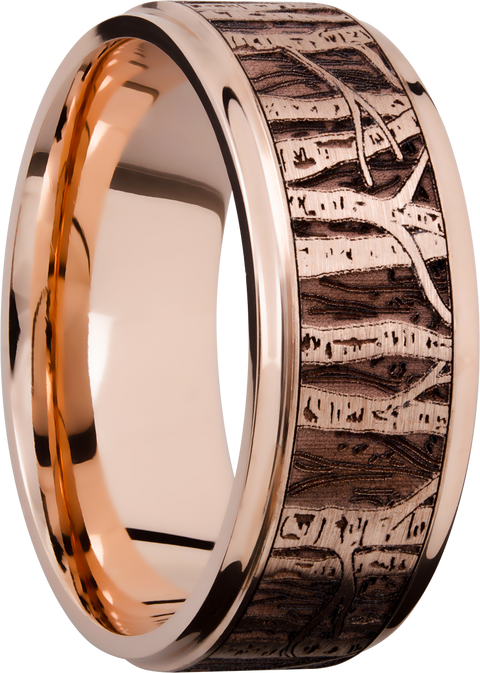 14K Rose gold 9mm flat band with grooved edges and a laser-carved aspen treeline