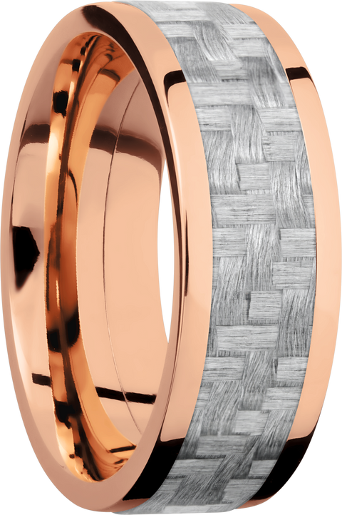 14K Rose Gold 8mm flat band with a 5mm inlay of silver Carbon Fiber