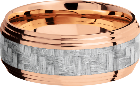14K Rose Gold 9mm flat band with 2 grooved edges and a 4mm inlay of silver Carbon Fiber