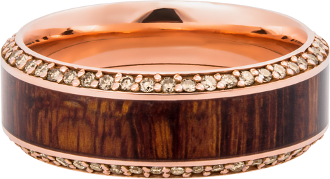 14k Rose Gold 8.5mm beveled band with an inlay of exotic Natcoco hardwood and eternity chocolate diamond accents