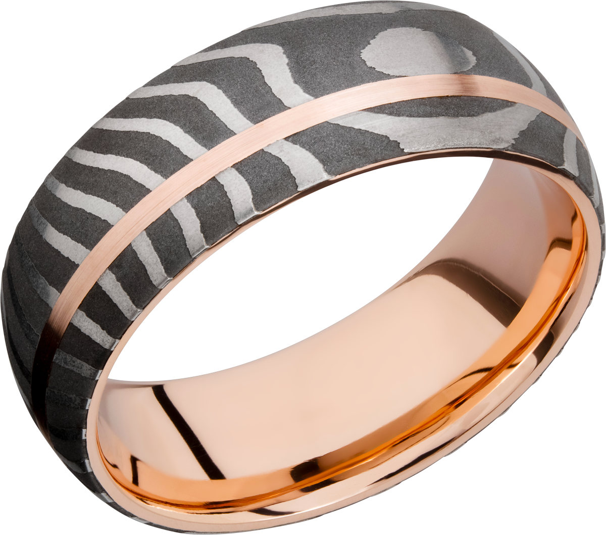 handmade 8mm tiger damascus steel band featuring a sleeve and off-center inlay of 14k rose gold