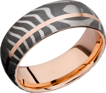 Handmade 8mm Tiger Damascus steel band featuring a sleeve and off-center inlay of 14K rose gold