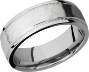 14K White gold 7.5mm domed band with grooved edges and reverse milgrain detail