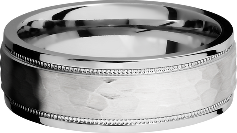 14K White gold 7.5mm domed band with grooved edges and reverse milgrain detail