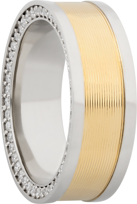 14K White gold 8mm flat band with an inlay of 14K yellow gold and bead-set .01ct side eternity diamonds