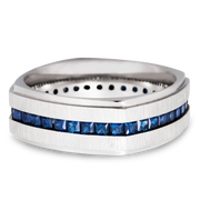 14K White gold 8mm flat square band with grooved edges and eternity-set sapphires