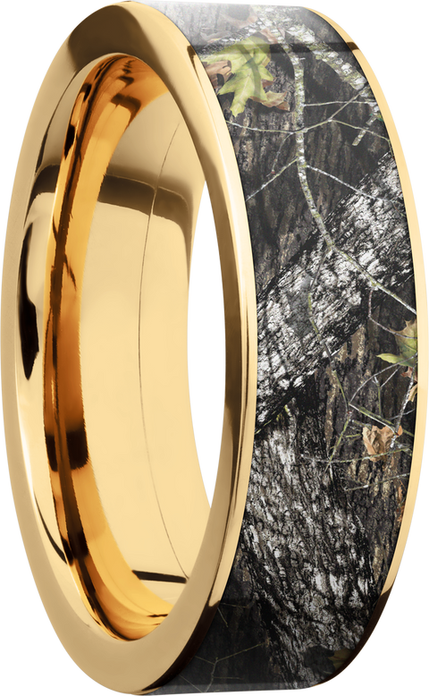14K Yellow Gold 7mm flat band with a 6mm inlay of Mossy Oak Break Up Camo