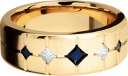 14K Yellow gold 8mm beveled band with 3 sapphires and 2 diamonds