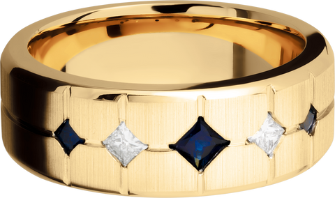 14K Yellow gold 8mm beveled band with 3 sapphires and 2 diamonds