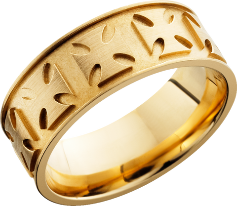 14K Yellow gold 8mm flat band with a laser-carved maltese pattern