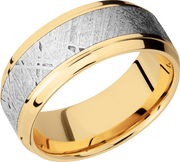 14K Yellow gold 9mm beveled band with an inlay of authentic Gibeon Meteorite