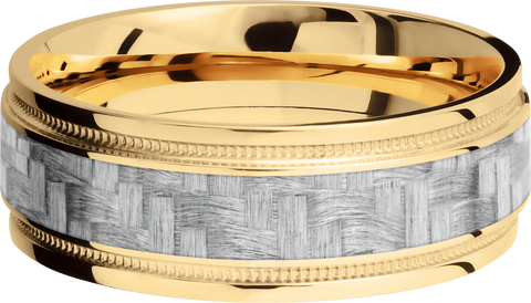 14K Yellow Gold 8mm flat band with grooved edges and a 4mm inlay of black Carbon Fiber inside reverse milgrain detail