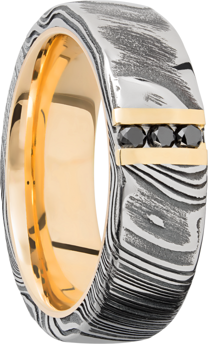 Handmade 7mm Woodgrain Damascus steel band featuring 3, .03ct channel-set black diamonds and a 14K yellow gold sleeve