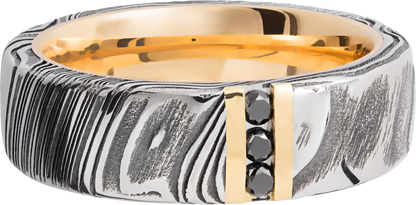 Handmade 7mm Woodgrain Damascus steel band featuring 3, .03ct channel-set black diamonds and a 14K yellow gold sleeve