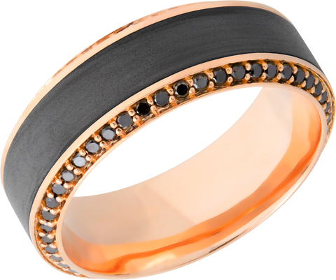 18K Rose gold 8.5mm beveled band with an inlay of zirconium and bead-set eternity black diamonds