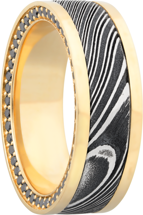 18K Yellow gold 8mm flat band with an inlay of handmade woodgrain Damascus steel and black diamond eternity accents