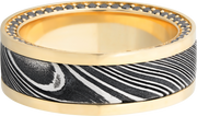 18K Yellow gold 8mm flat band with an inlay of handmade woodgrain Damascus steel and black diamond eternity accents