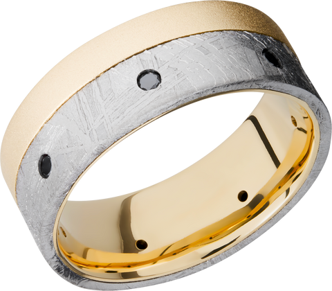 18K yellow gold flat band with an off-center inlay of authentic Gibeon Meteorite and 7, .04ct flush-set black diamonds