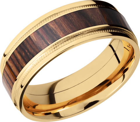 18K Yellow gold 8mm flat band with grooved edges, reverse milgrain detail and an inlay of Natcoco hardwood