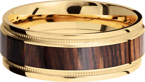 18K Yellow gold 8mm flat band with grooved edges, reverse milgrain detail and an inlay of Natcoco hardwood
