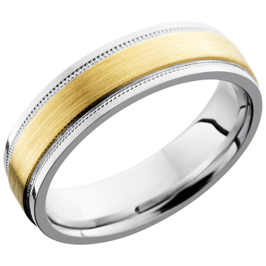 Titanium 6mm flat band with grooved edges and an inlay of 14K yellow gold with reverse milgrain detail on either side