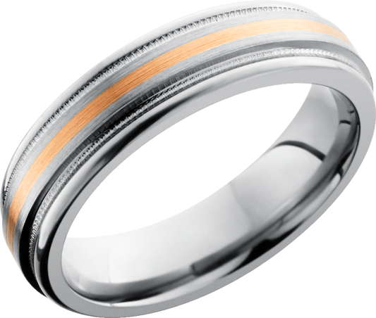 Titanium 6mm flat band with rounded edges and an inlay of 14K rose gold with reverse milgrain detail on either side