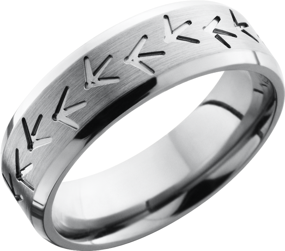 titanium 7mm beveled band with a laser-carved turkey track pattern