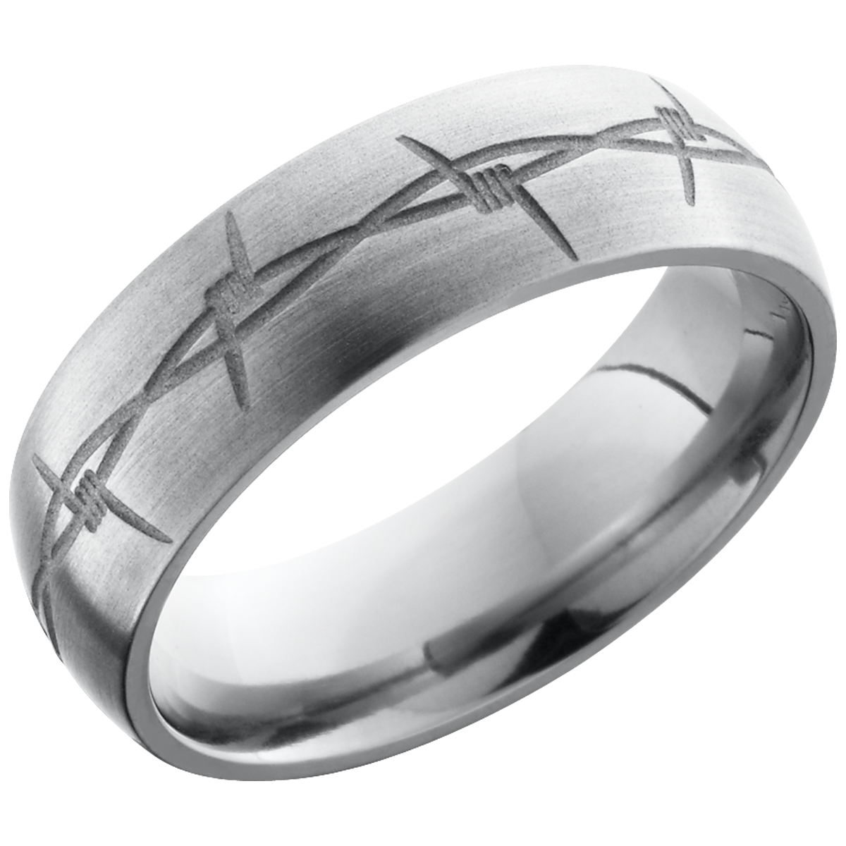 titanium 7mm domed band with a laser-carved barbed wire pattern