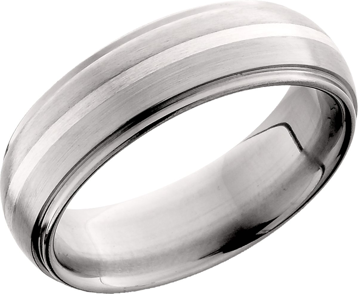 titanium 7mm domed band with grooved edges and an inlay of sterling silver