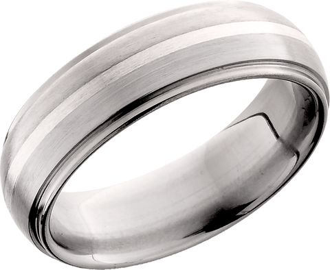 Titanium 7mm domed band with grooved edges and an inlay of sterling silver