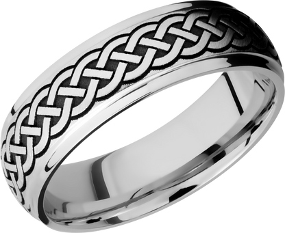 Titanium 7mm domed band with grooved edges and a laser-carved celtic pattern