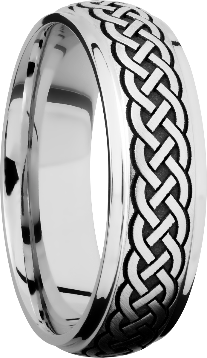 titanium 7mm domed band with grooved edges and a laser-carved celtic pattern