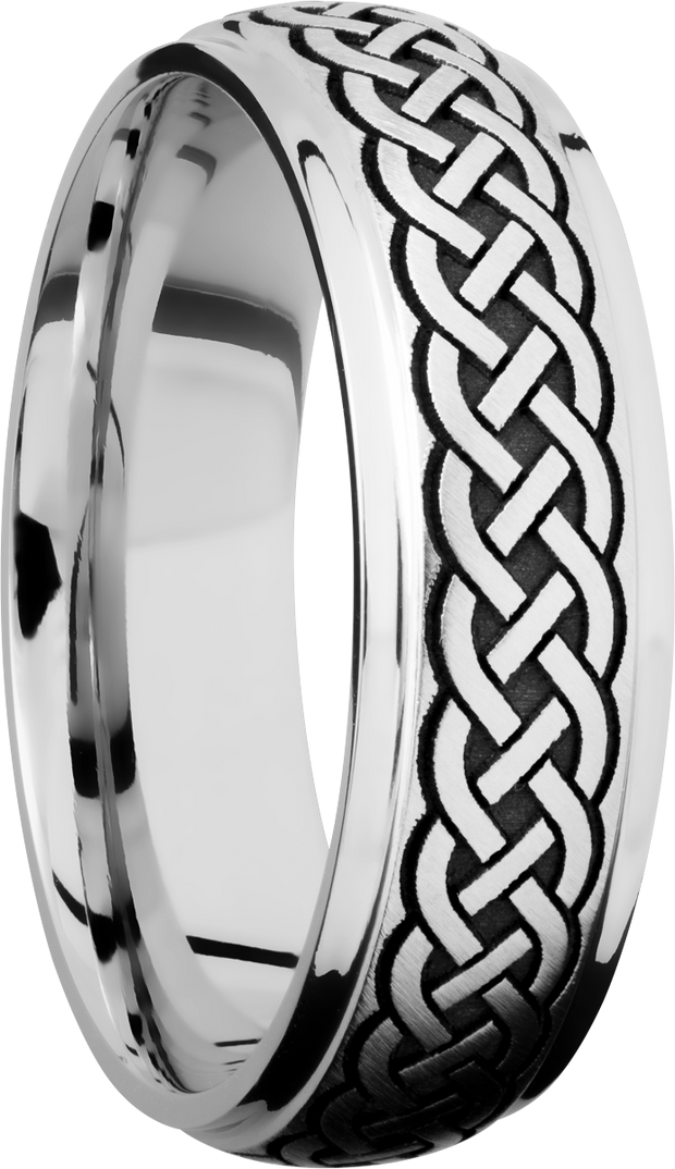 Titanium 7mm domed band with grooved edges and a laser-carved celtic pattern