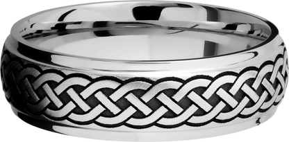 Titanium 7mm domed band with grooved edges and a laser-carved celtic pattern