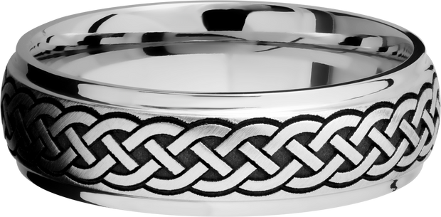 Titanium 7mm domed band with grooved edges and a laser-carved celtic pattern