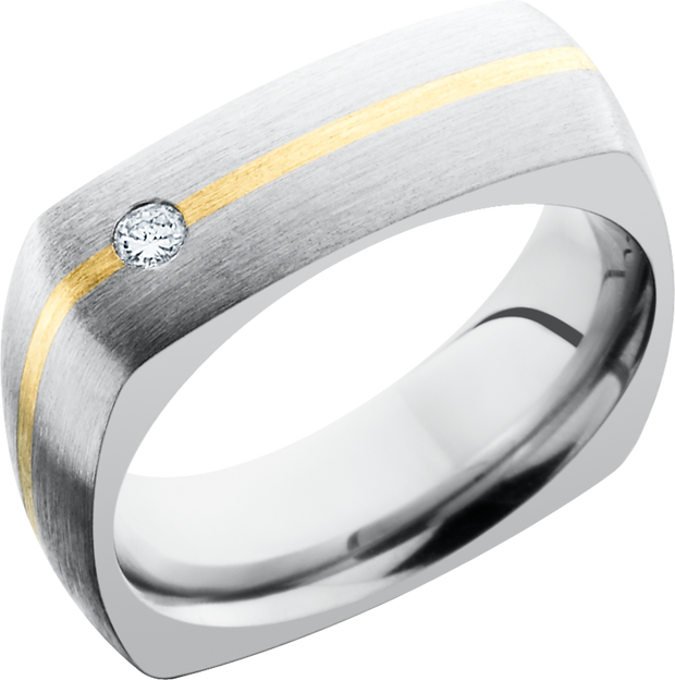 Titanium 7mm domed square band with an inlay of 14K yellow gold and a flush-set .07ct diamond