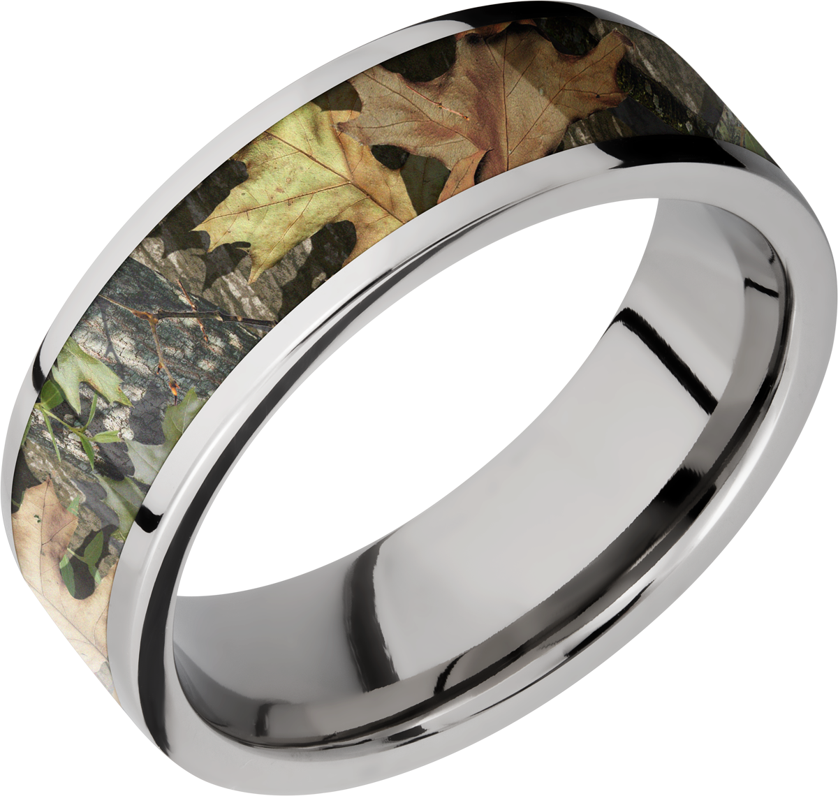 titanium 7mm flat band with a 5mm inlay of mossy oak obsession camo