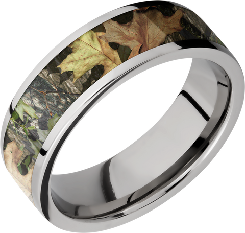 Titanium 7mm flat band with a 5mm inlay of Mossy Oak Obsession Camo