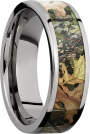 Titanium 7mm flat band with a 5mm inlay of Mossy Oak Obsession Camo