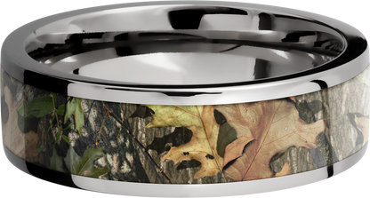 Titanium 7mm flat band with a 5mm inlay of Mossy Oak Obsession Camo