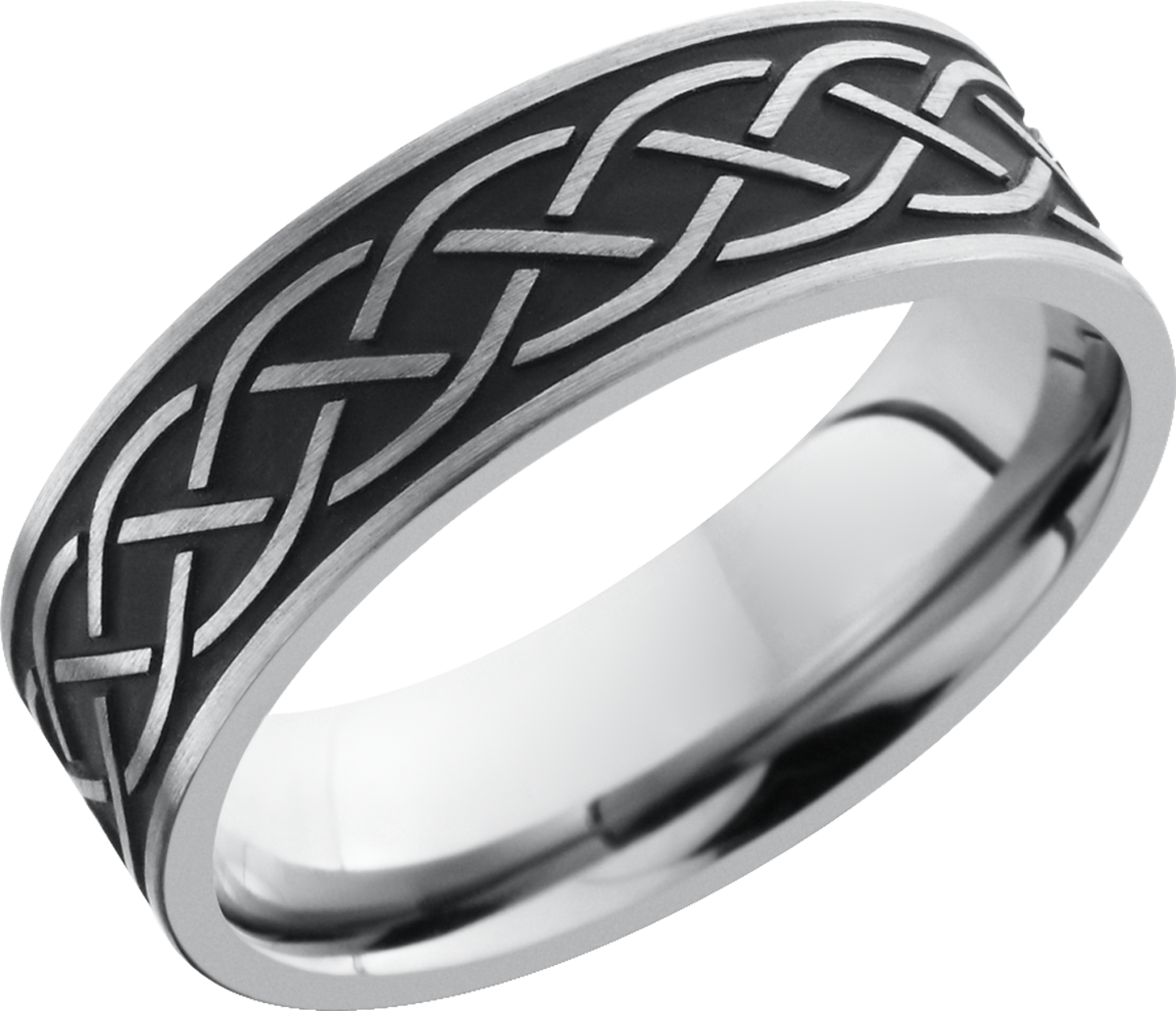 titanium 7mm flat band with a laser-carved celtic pattern with cerakote in the pattern recesses