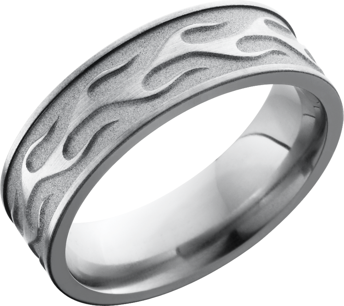 titanium 7mm flat band with a laser-carved contour flame