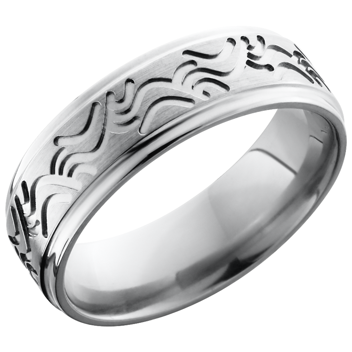 titanium 7mm flat band with grooved edges and a laser-carved wave pattern