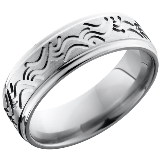 Titanium 7mm flat band with grooved edges and a laser-carved wave pattern